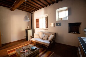 Tv, eldstad och böcker