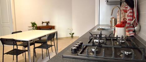 Microwave, dishwasher, coffee/tea maker, cookware/dishes/utensils