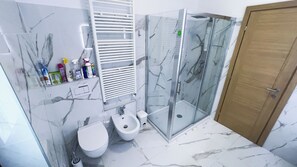 Combined shower/tub, hair dryer, bidet, towels