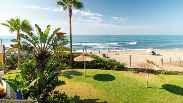 A beach view with palm trees, a thatched umbrella, and a wooden deck. - A UNIQUE PARADISE in Royal Beach, Mijas beach (Calahonda - Mijas Costa)