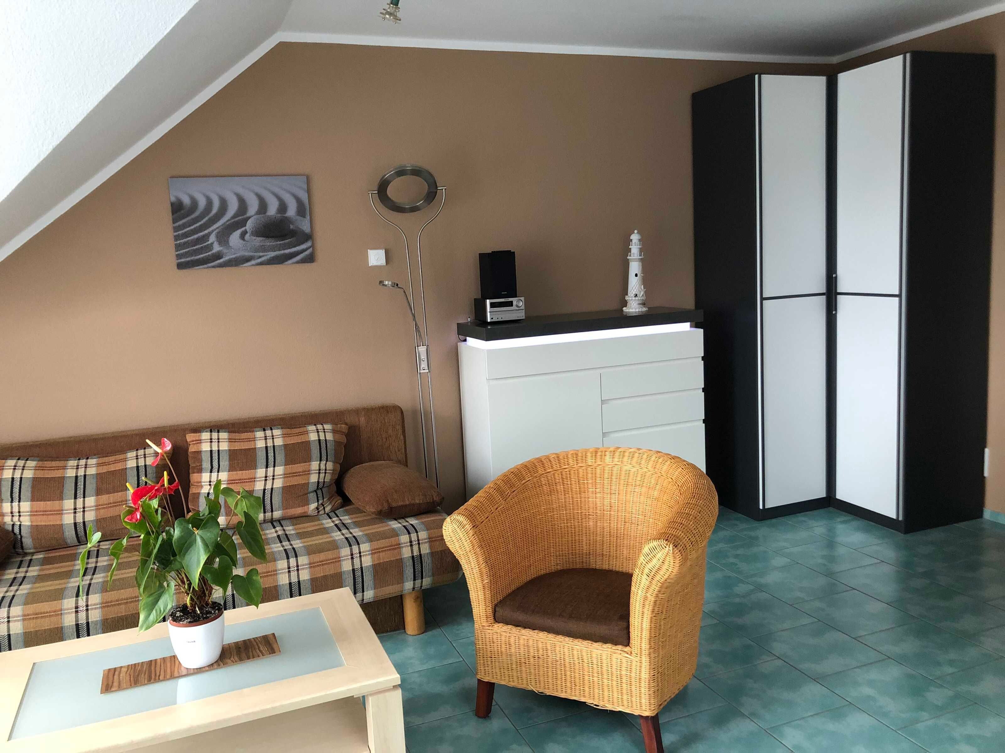 Et værelse med sofa, en fletstol, et lille bord med en plante, et skab og en radiator.