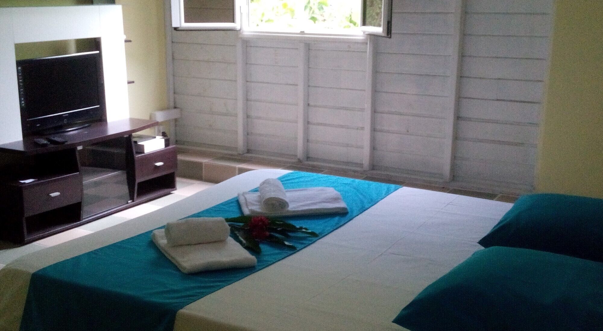 A hotel room with a bed, a TV, and a window.