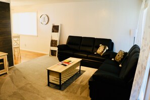 Smart TV, fireplace, books, offices