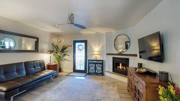 Smart TV, fireplace, DVD player, video library