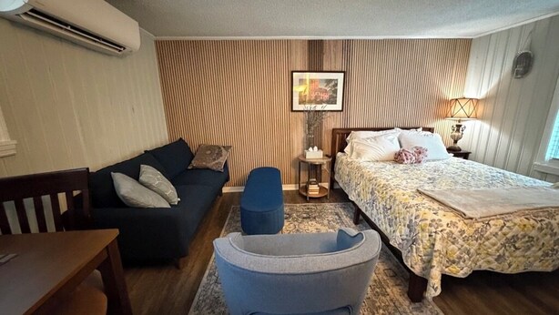 Une chambre à coucher comprenant un lit, un canapé, une chaise, une table de chevet et un appareil de climatisation.