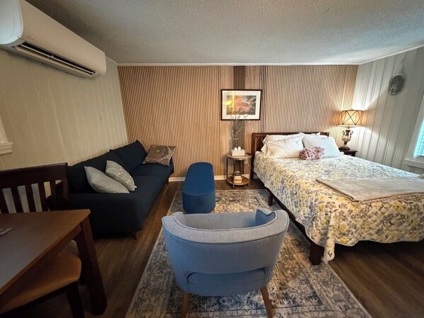 Un dormitorio con cama, sofá, sillón, mesita de noche y aire acondicionado.