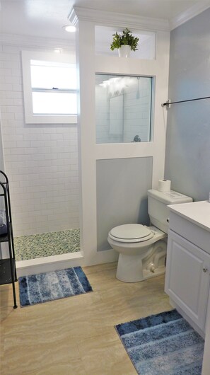 Douche, sèche-cheveux, serviettes fournies, shampoing