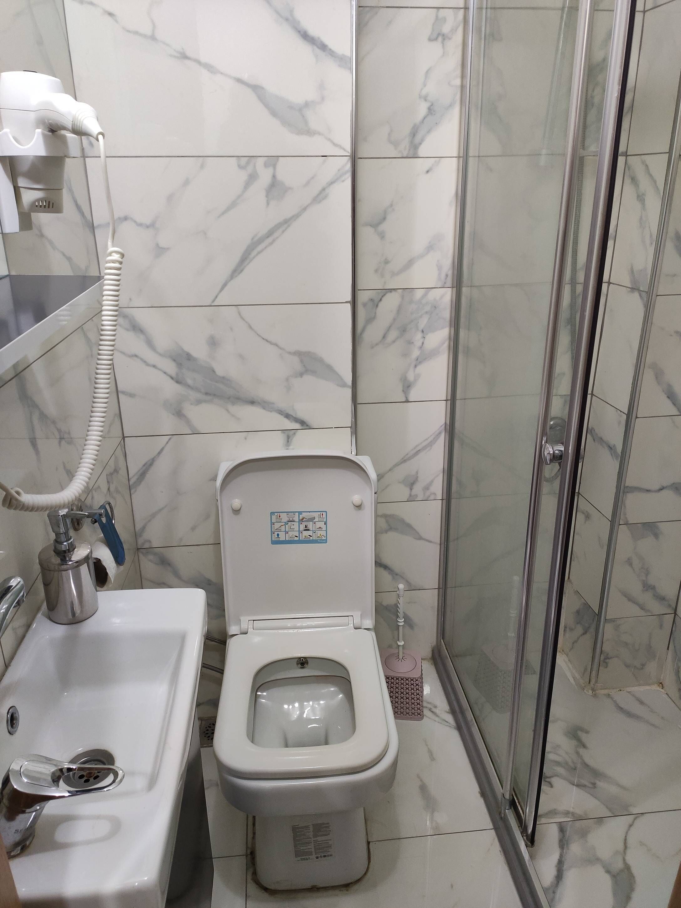 Een badkamer met toilet, wastafel en douche.