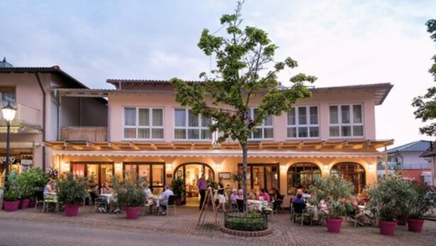 An outdoor dining area with tables and chairs, surrounded by potted plants and a building with a tiled roof. - Luisenstuben (Badenweiler)
