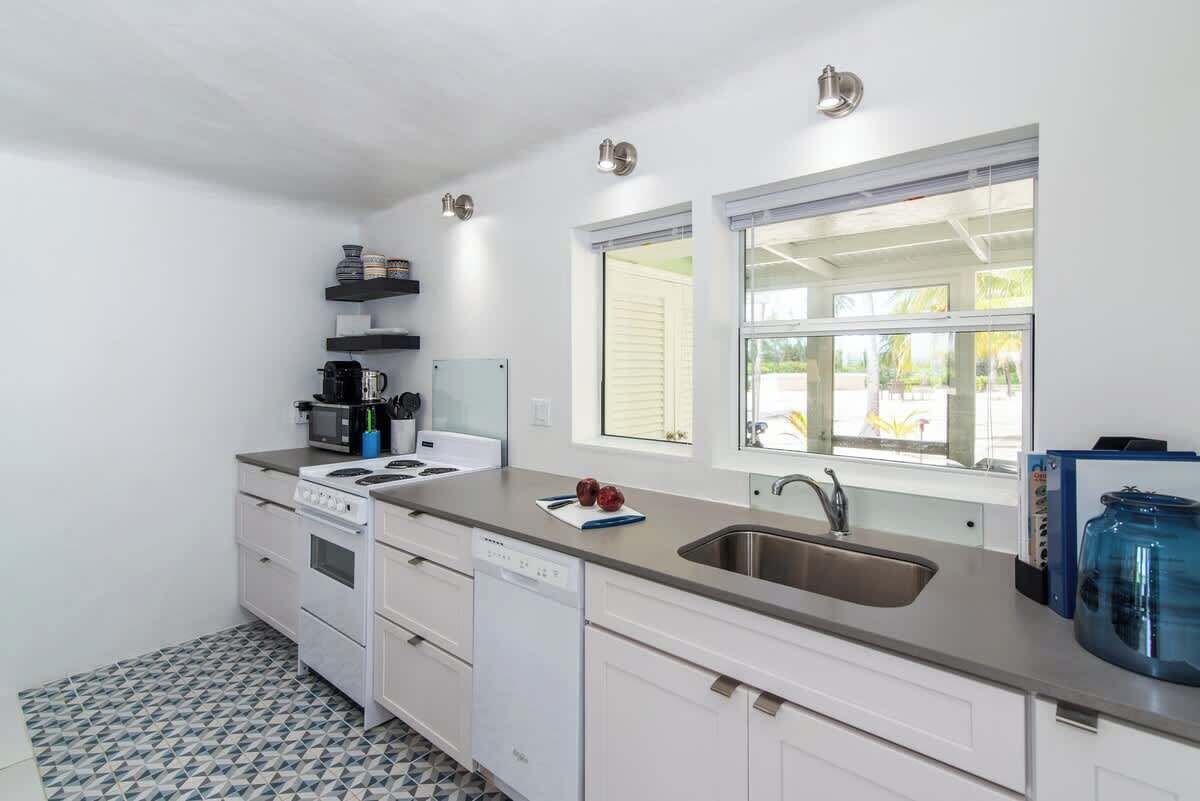 A modern kitchen with white cabinets, a stainless steel sink, and a window with blinds.
