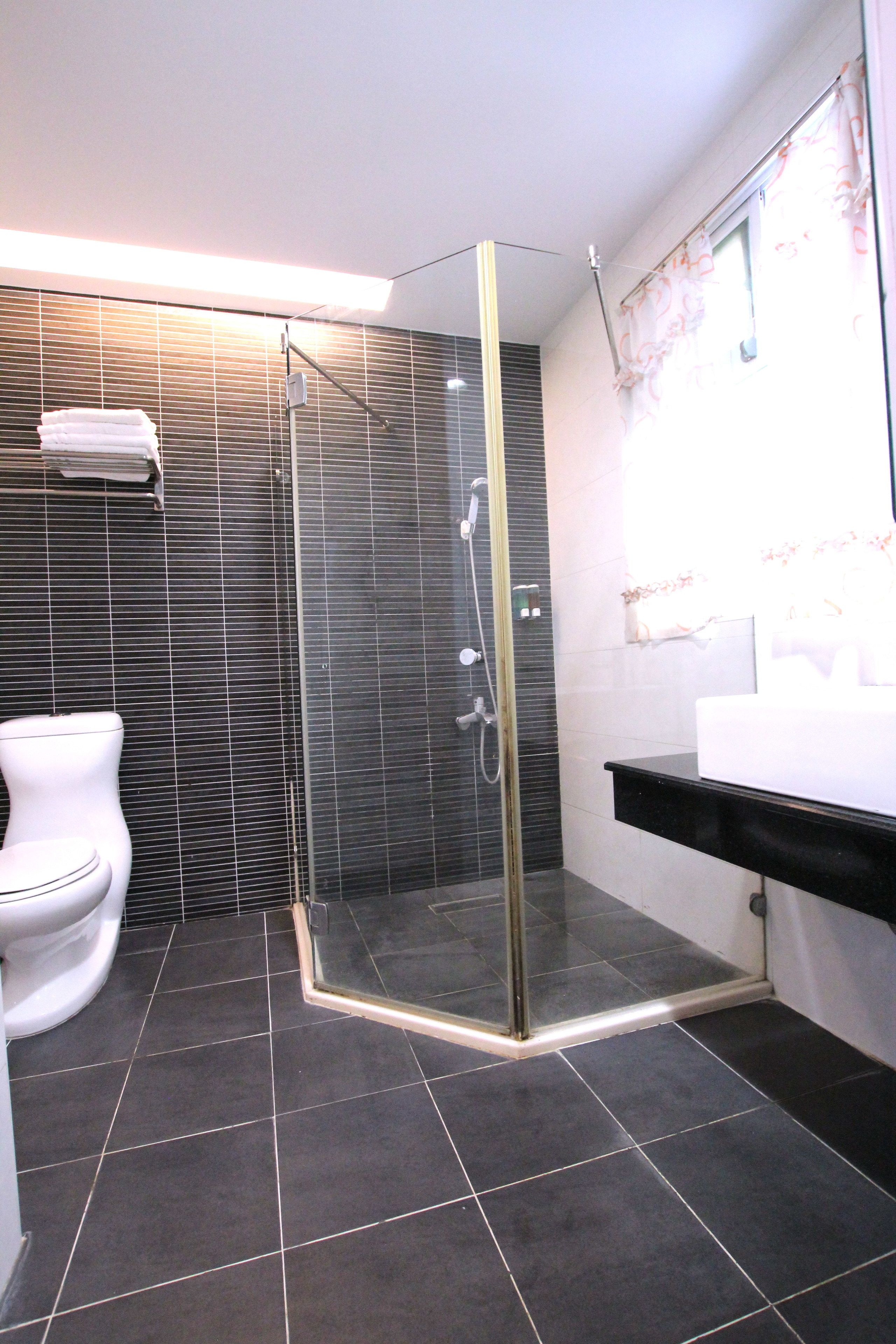 A modern bathroom with a glass-enclosed shower, a white toilet, and a black sink.