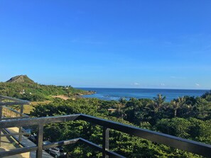 A balcony with a view of a coastal landscape, including a mountain, beach, and ocean. - Lang Qin Hai Inn (Hengchun)