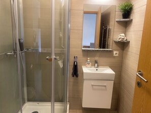 Shower, hair dryer, towels