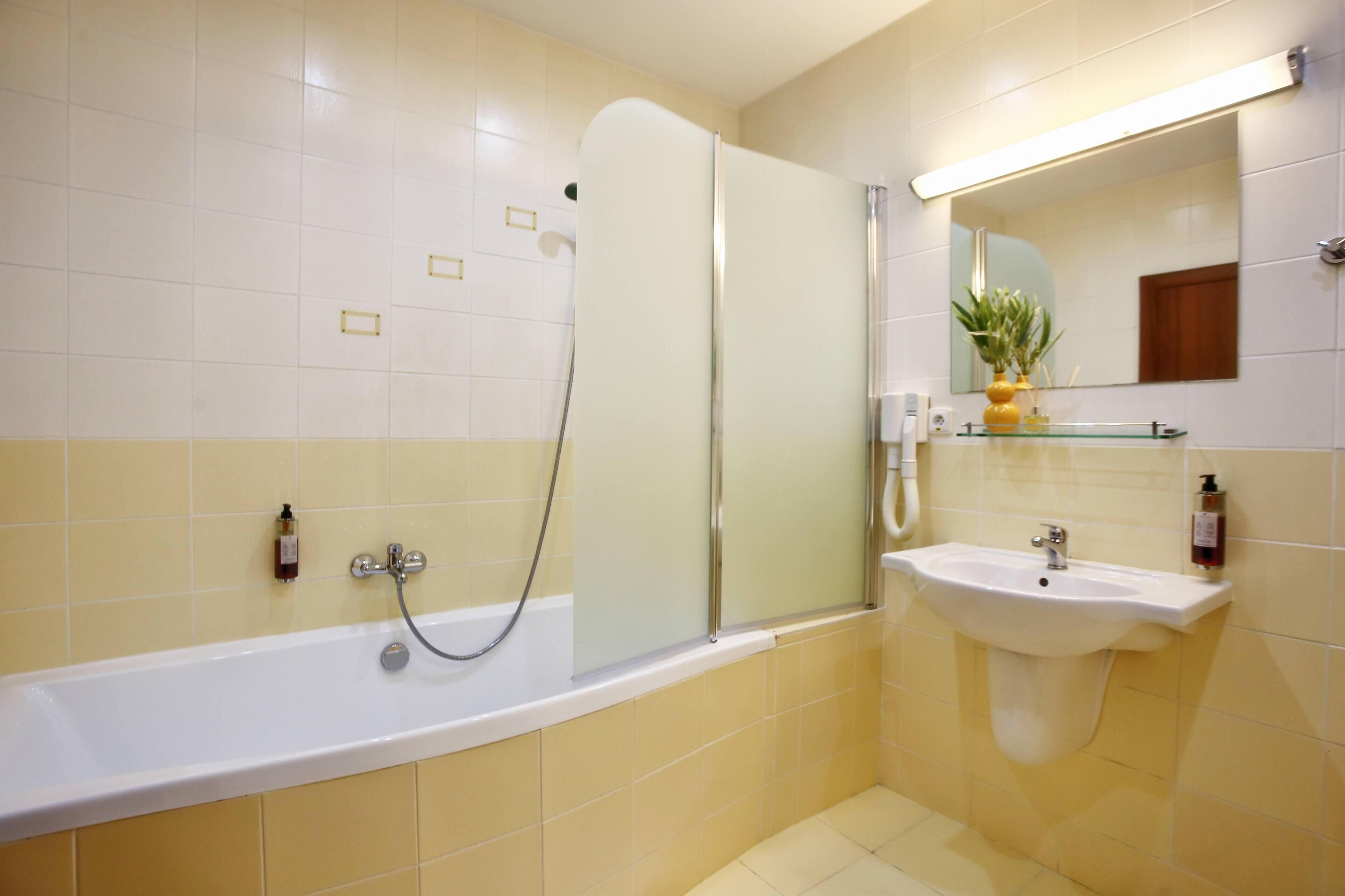Une salle de bain équipée d’une baignoire, d’une douche à parois de verre, d’un lavabo et d’un miroir.