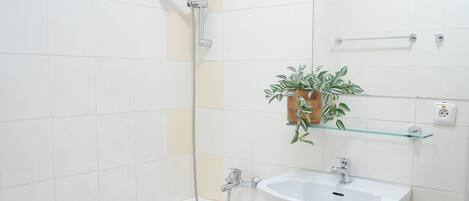 Un baño con lavamanos blanco, ducha de mano y una planta en maceta sobre un estante.