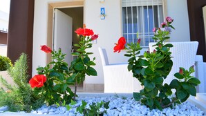 A white building with a door and window, a white chair, and red flowers in the foreground. - B&B Il Fiorone (Fasano)