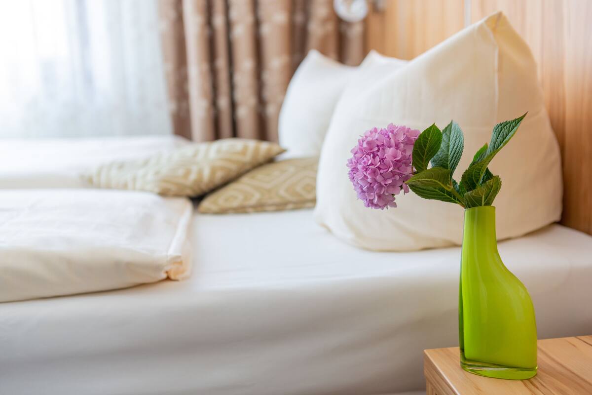 hypo-allergenic bedding, desk, blackout curtains, soundproofing