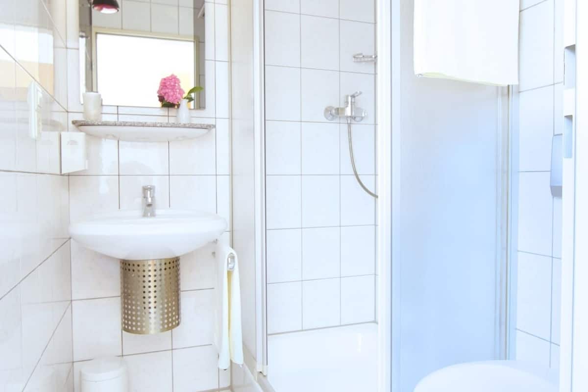 shower, rainfall showerhead, free toiletries, hair dryer