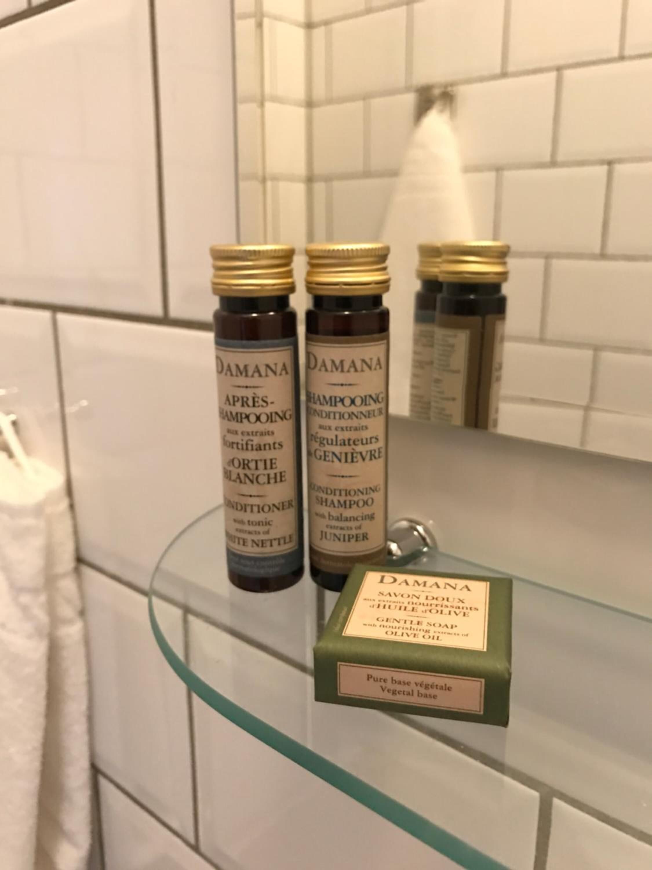 free toiletries, hair dryer, heated floors, towels