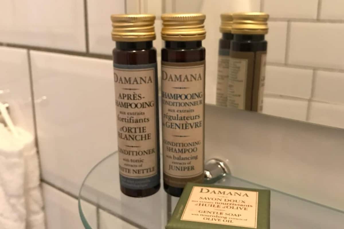 free toiletries, hair dryer, heated floors, towels