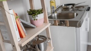 Een keuken met een roestvrijstalen fornuis, een spoelbak en een plank met een potplant en boeken.