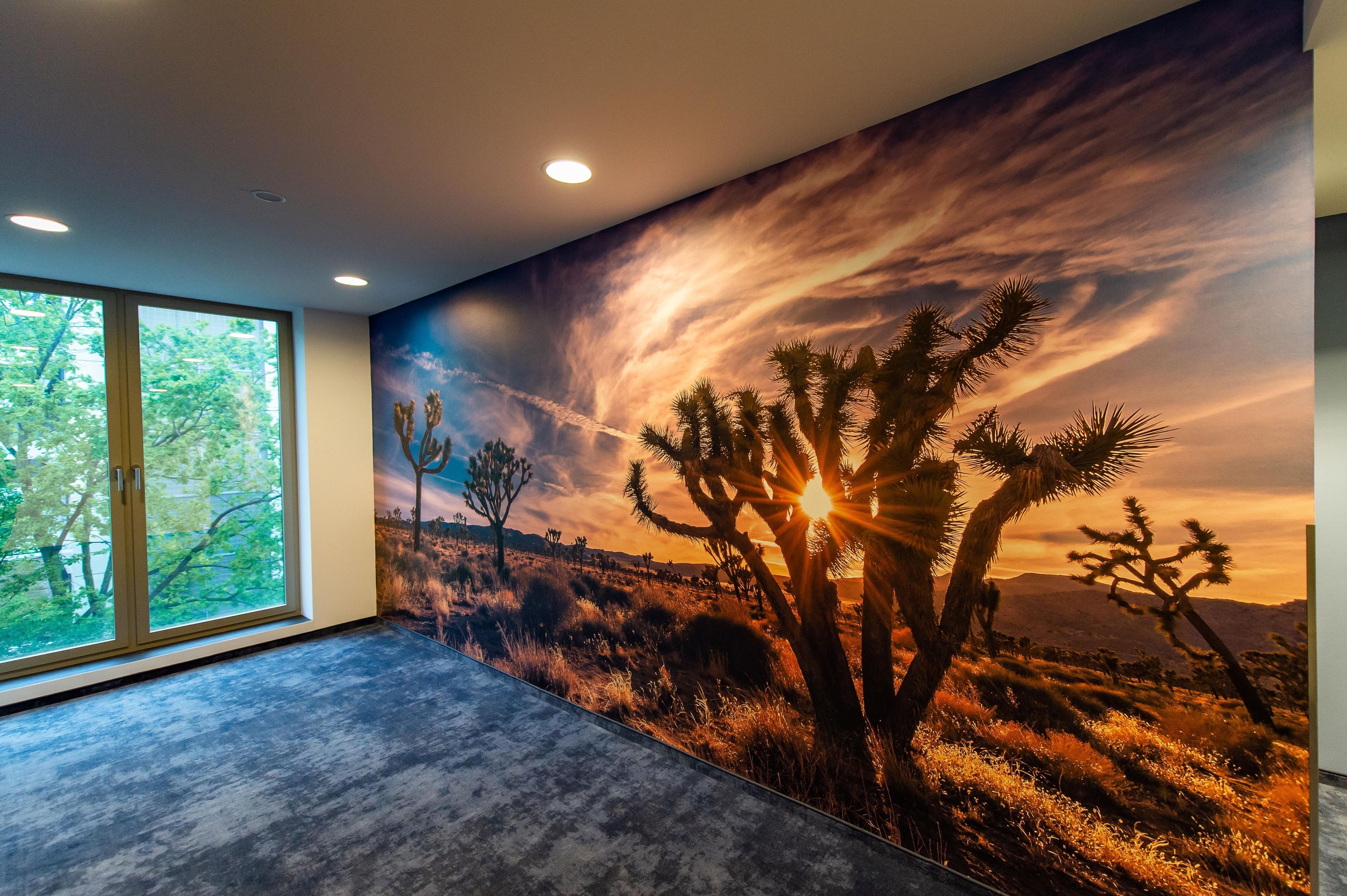 Una habitación con un ventanal grande, un techo con iluminación empotrada y un mural de paisaje desértico en la pared.
