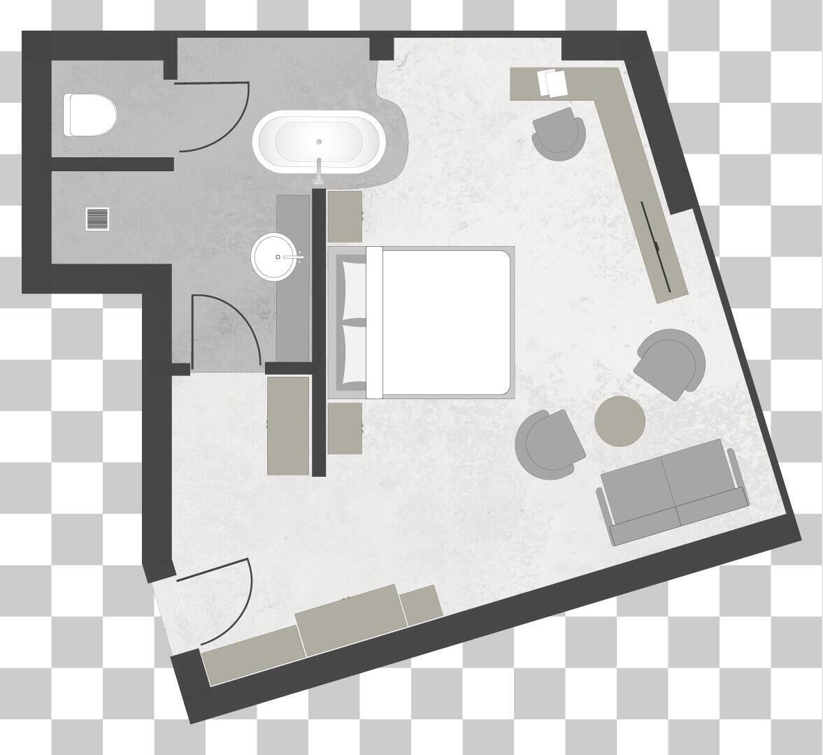 Ein Hotelzimmer mit Bett, einer Sitzecke mit Sofa und Sesseln, einer kleinen Küche und einem Badezimmer.