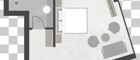 Ein Hotelzimmer mit Bett, einer Sitzecke mit Sofa und Sesseln, einer kleinen Küche und einem Badezimmer.
