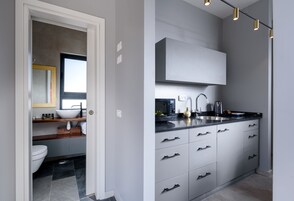 Full-size fridge, microwave, stovetop, coffee/tea maker