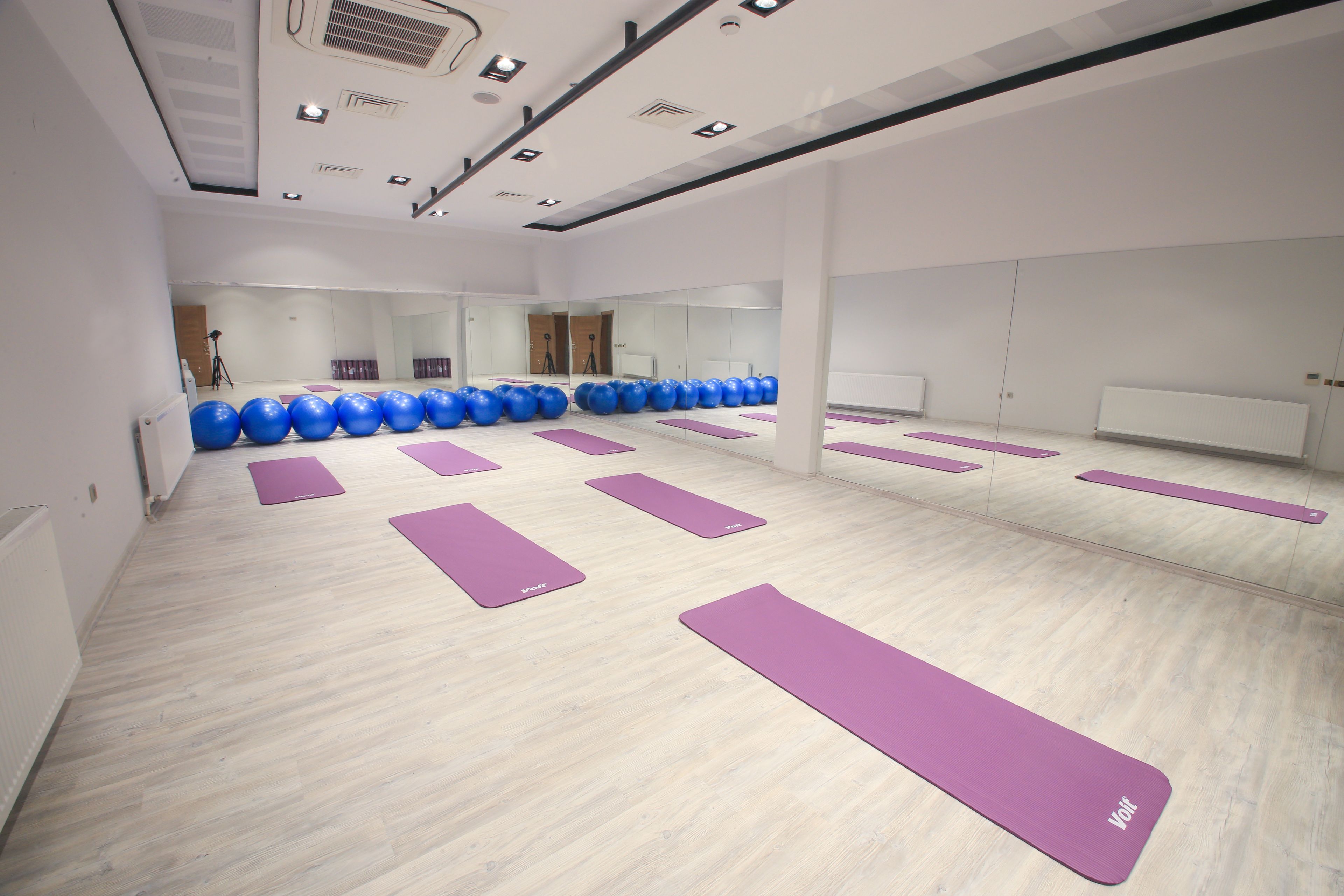 A spacious room with light wooden floors, purple yoga mats, and blue exercise balls arranged in rows.