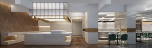 Un interior moderno con una recepción, zona de estar y una escalera.