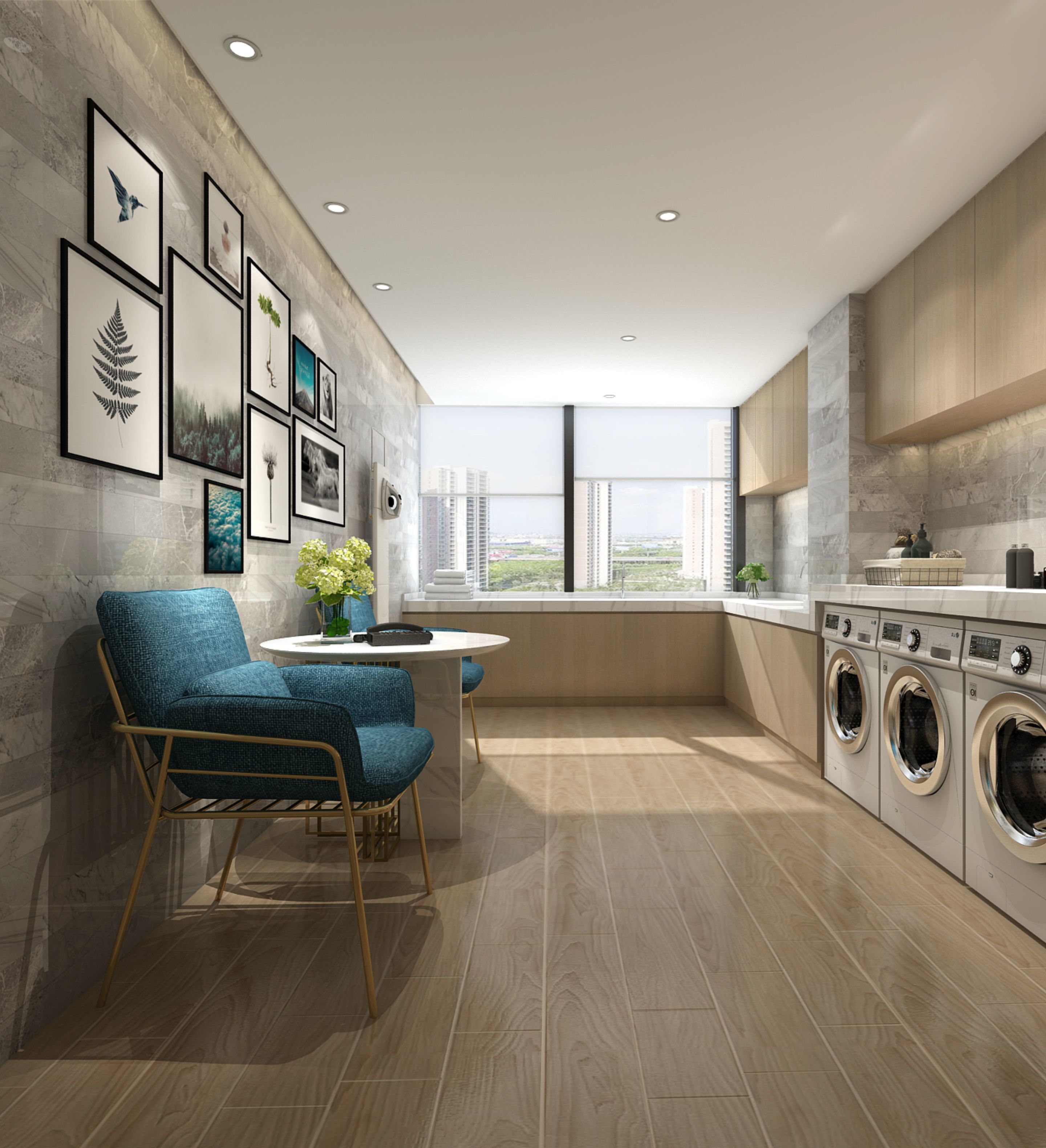 A modern kitchen with a dining area, built-in appliances, and a large window offering a city view.