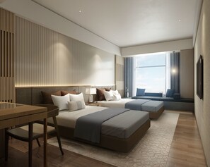 A modern hotel room with two beds, a desk, and a large window offering a city view. - Superise Hotel Shenzhen (Shenzhen)