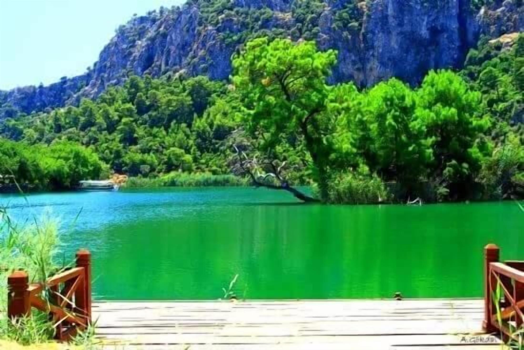 A wooden dock leading to a calm green lake surrounded by lush greenery and rocky cliffs.