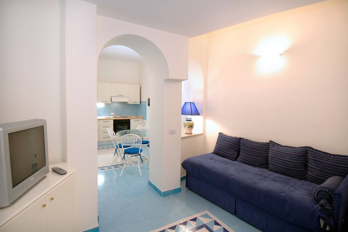 A living room with a sofa, a television, and a dining area with chairs and a table.