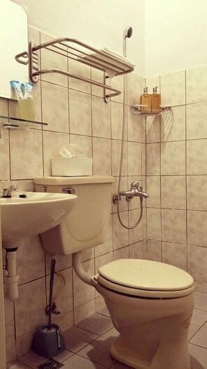 Une salle de bain équipée de toilettes, d’un lavabo, d’une douche et d’un sèche-mains.