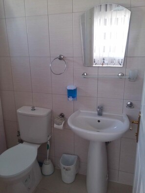A bathroom with a toilet, sink, and mirror. - Uc Mevsim Otel (Didim)