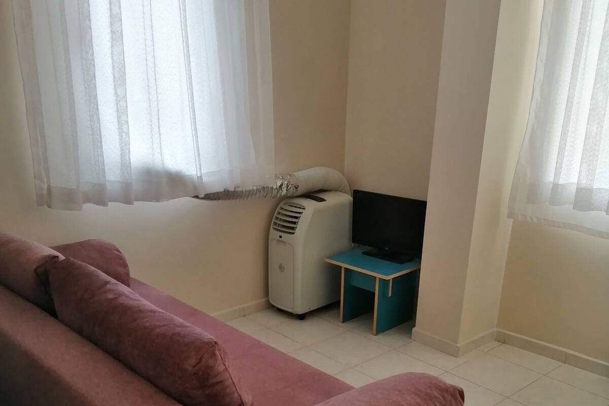 A living room with a sofa, a TV, and a heater.