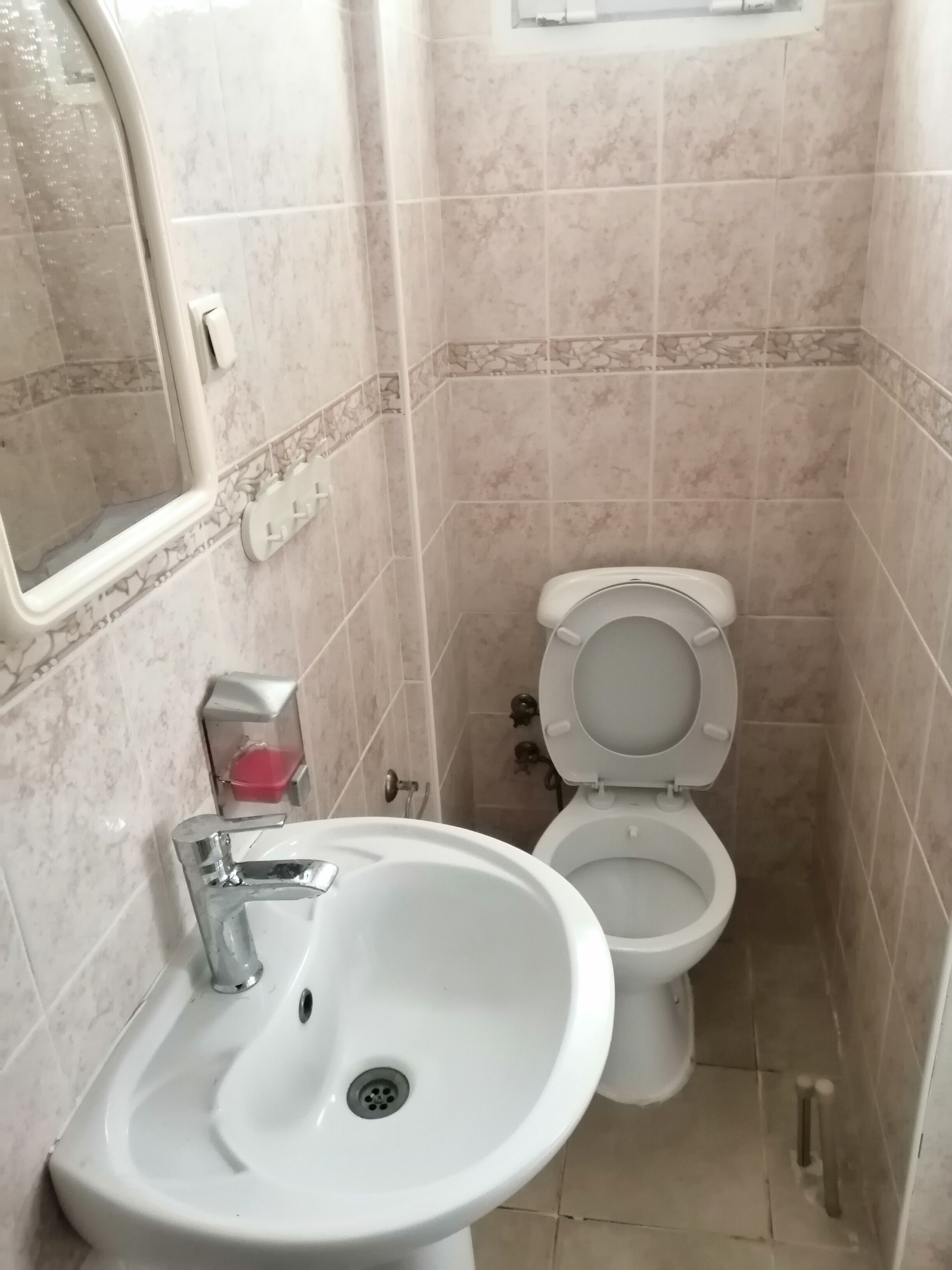 A bathroom with a sink, toilet, and a mirror.