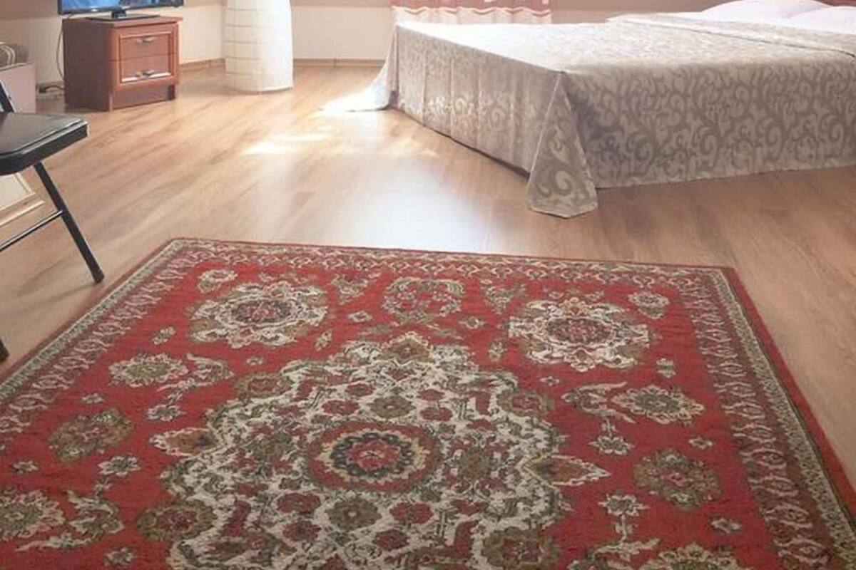 Quarto com cama, televisão, poltrona, tapete e janela com cortinas.