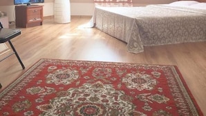 Quarto com cama, televisão, poltrona, tapete e janela com cortinas.