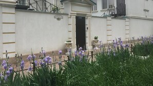 Um edifício com telhado verde, fachada branca e porta preta. Há plantas em vasos e flores roxas em primeiro plano.