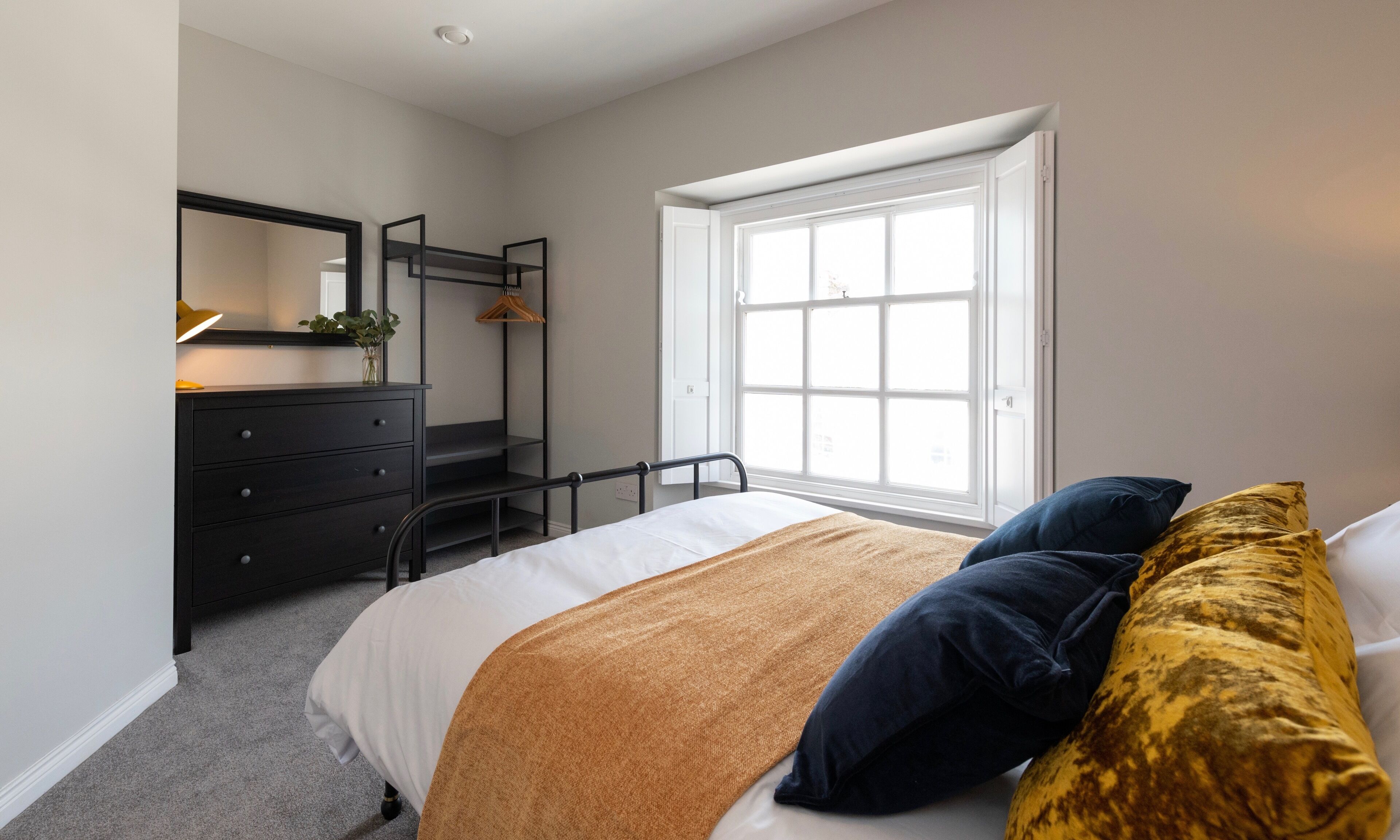 A bedroom with a bed, a dresser, a mirror, a window, and a plant.