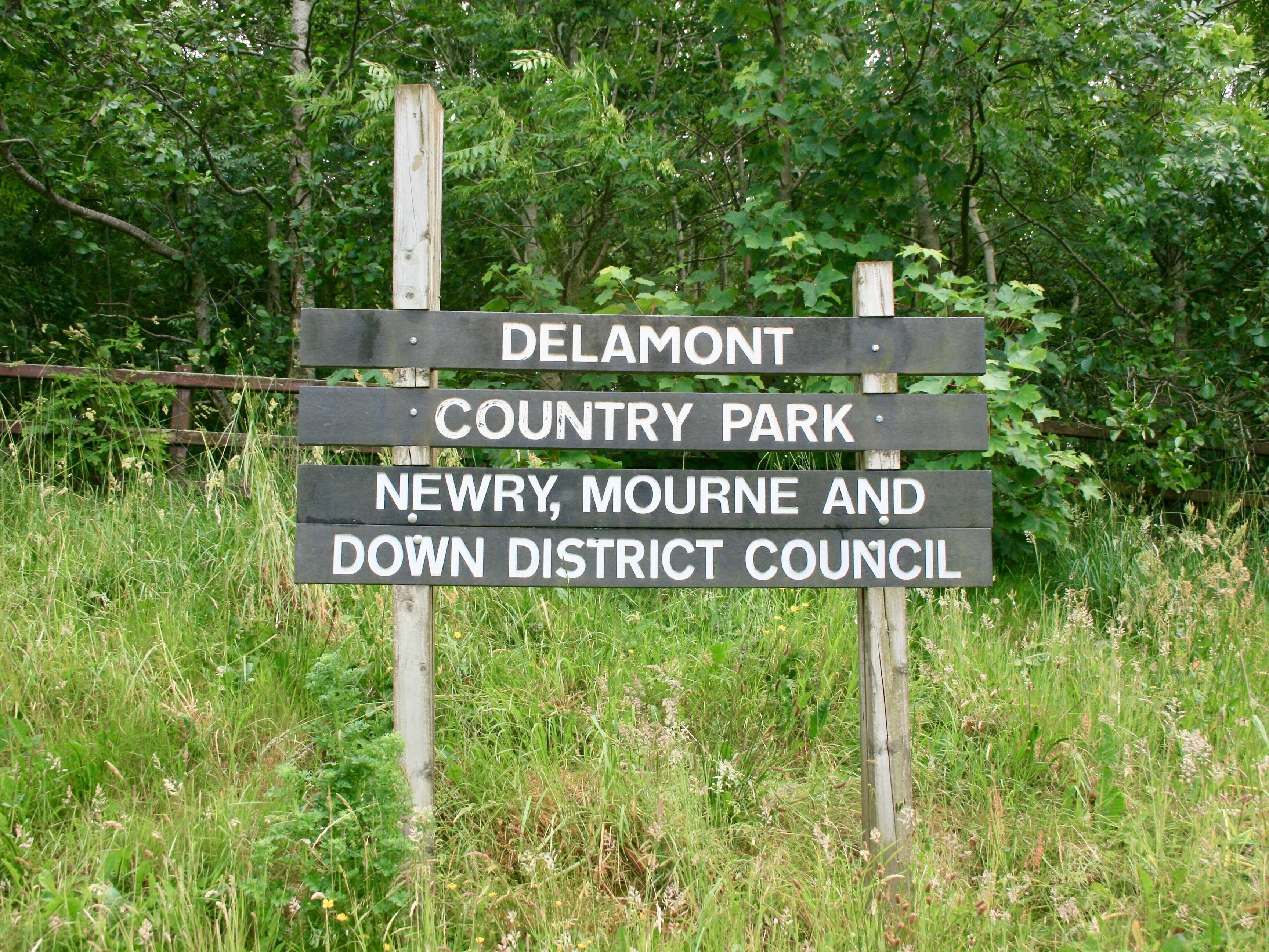 A wooden signpost with text indicating directions to Delamont Country Park and Newry, Mourne, and Down District Council.