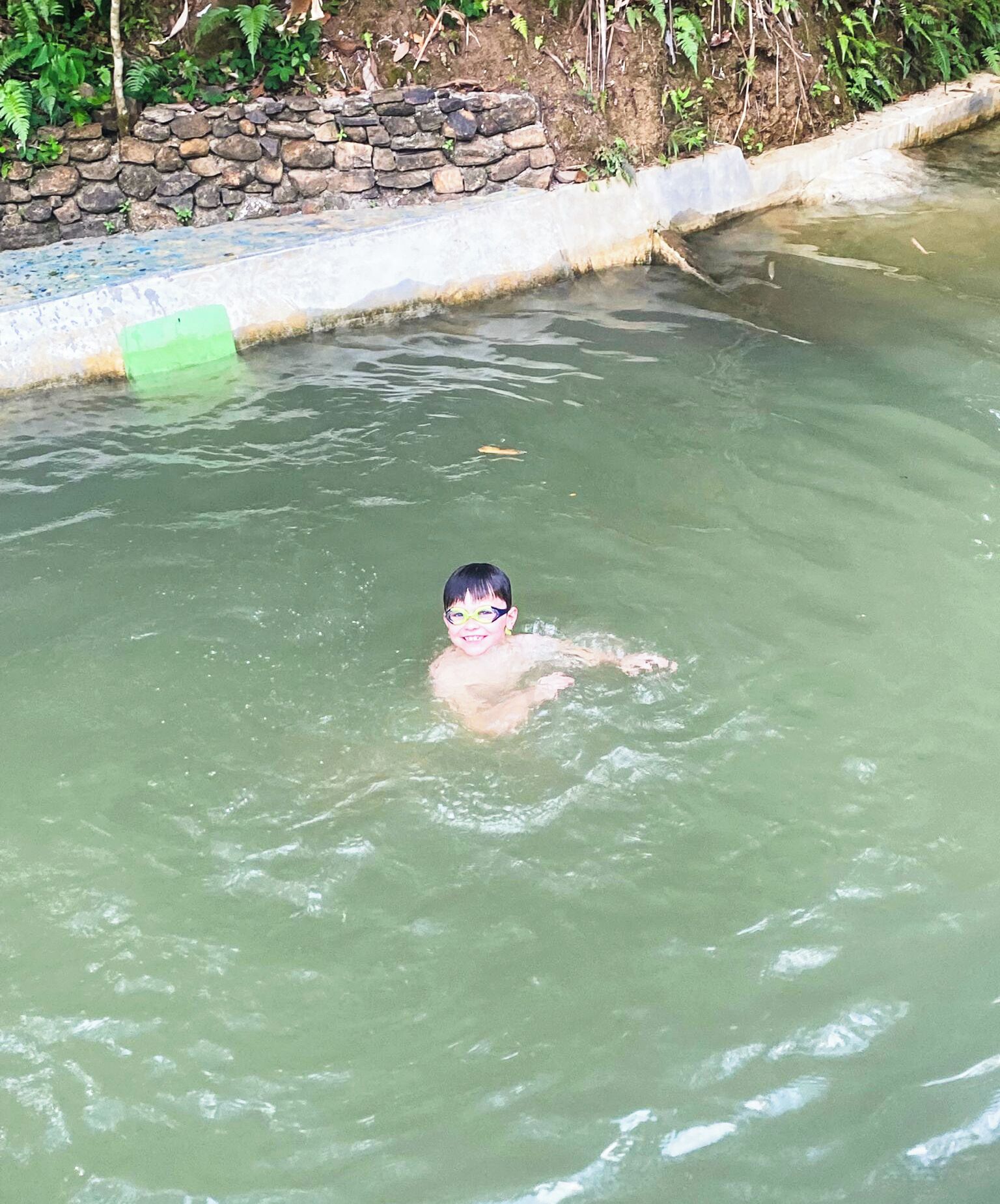 A person swimming in a pool with a stone wall and greenery in the background.
