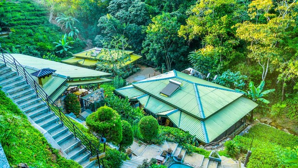 Un complejo turístico con varias edificaciones, piscina y abundante vegetación.