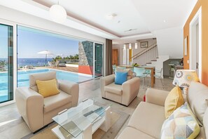 Standard Villa, 3 Bedrooms, Private Pool, Ocean View | Living room | Flat-screen TV, DVD player