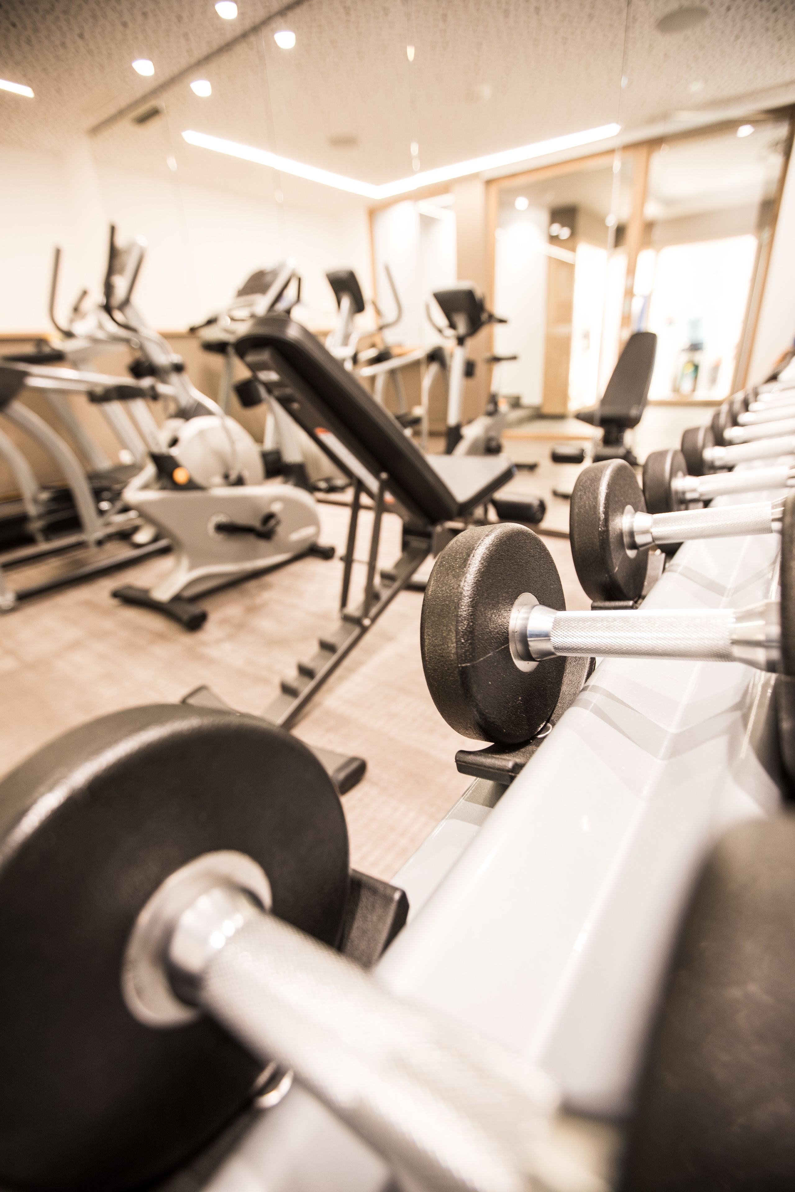 A gym with rows of exercise equipment including treadmills, ellipticals, and weight machines.