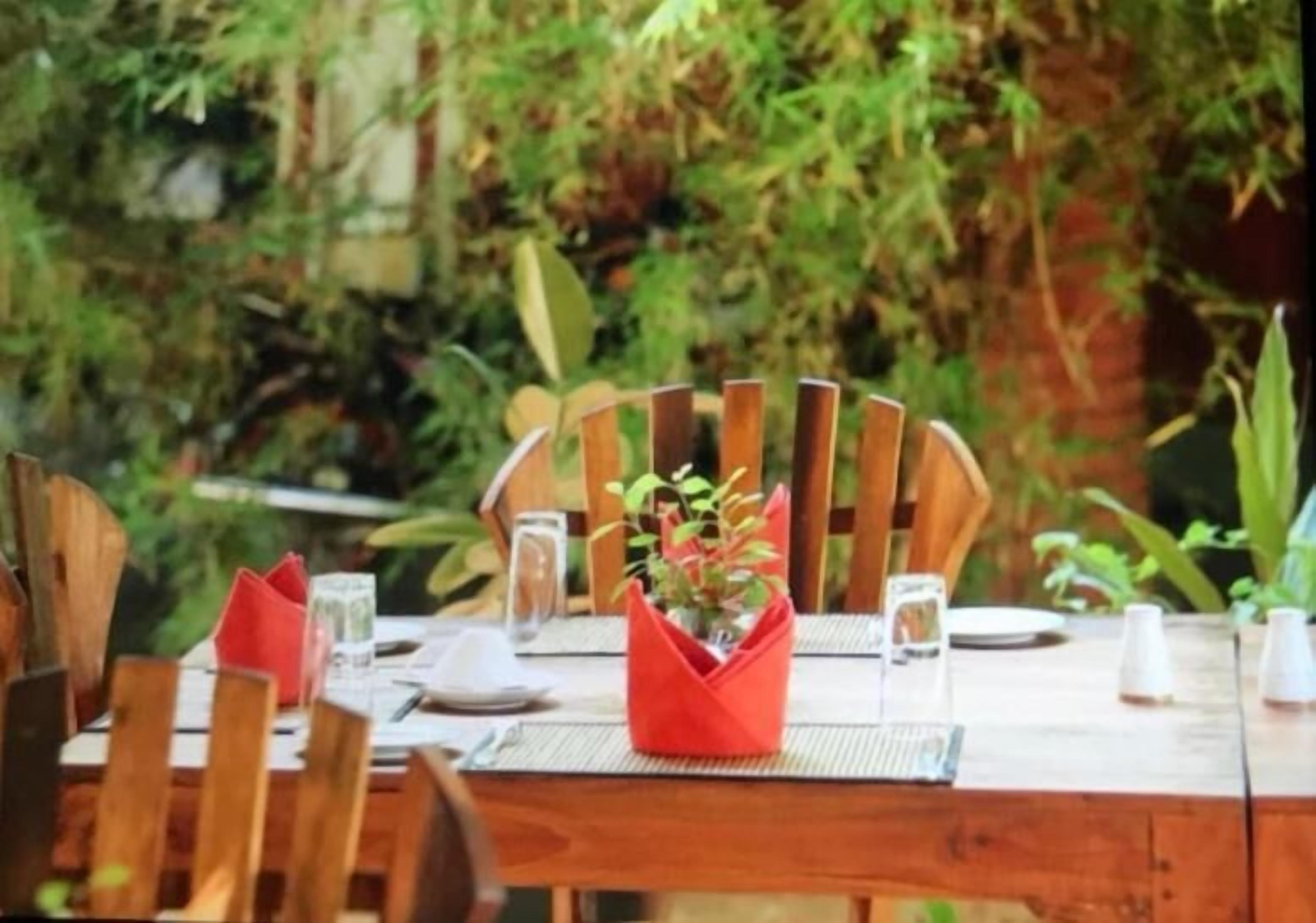 A wooden dining table set outdoors with chairs, a red centerpiece, and a natural backdrop.
