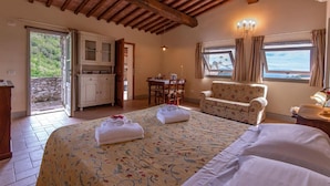 A bedroom with a bed, a chair, a desk, and a view of the outdoors. - Agriturismo Concadoro (Castellina in Chianti)